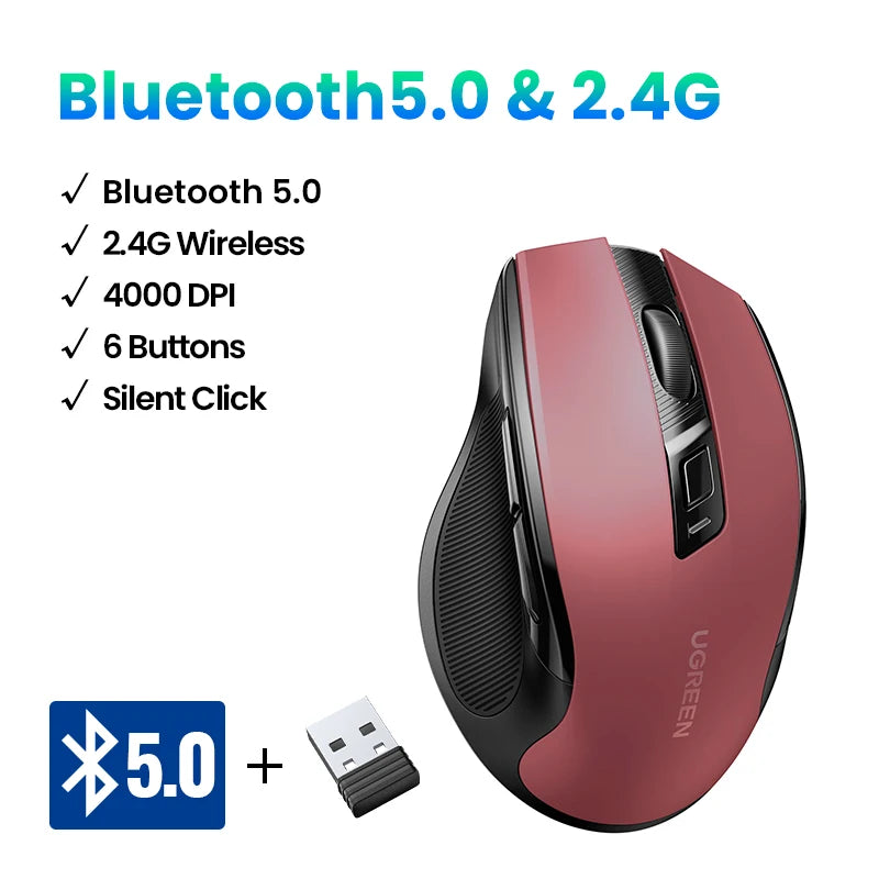 Mouse Sem Fio Silencioso, Ergonômico, Com Bluetooth + Wifi 2.4 GHz,4000 DPI