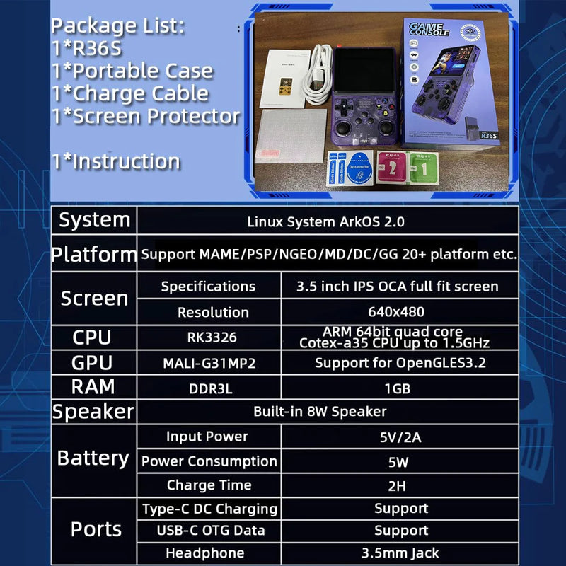 Retro Game Console Handheld Video Arkos 2.0 System Portable Pocket Video Player 64GB 128GB 20000 Games.
