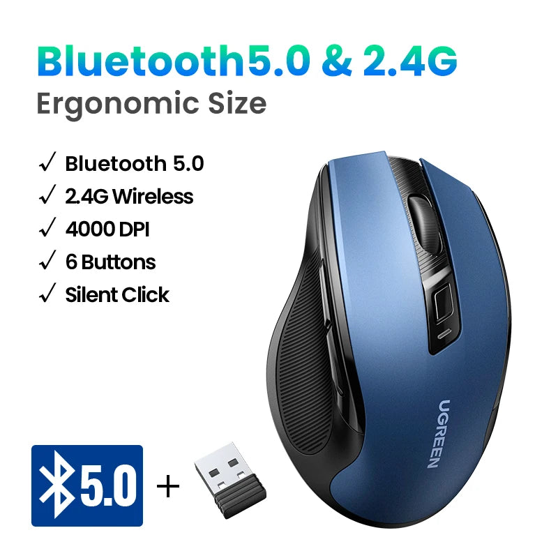 Mouse Sem Fio Silencioso, Ergonômico, Com Bluetooth + Wifi 2.4 GHz,4000 DPI