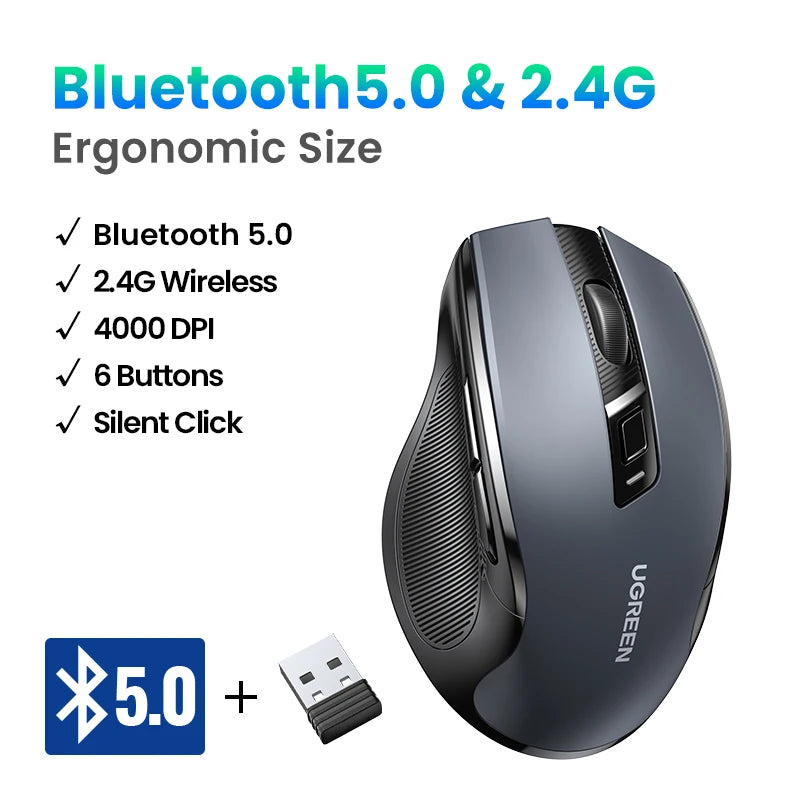 Mouse Sem Fio Silencioso, Ergonômico, Com Bluetooth + Wifi 2.4 GHz,4000 DPI