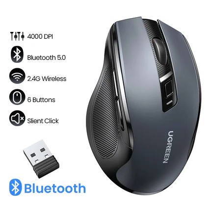 Mouse Sem Fio Silencioso, Ergonômico, Com Bluetooth + Wifi 2.4 GHz,4000 DPI